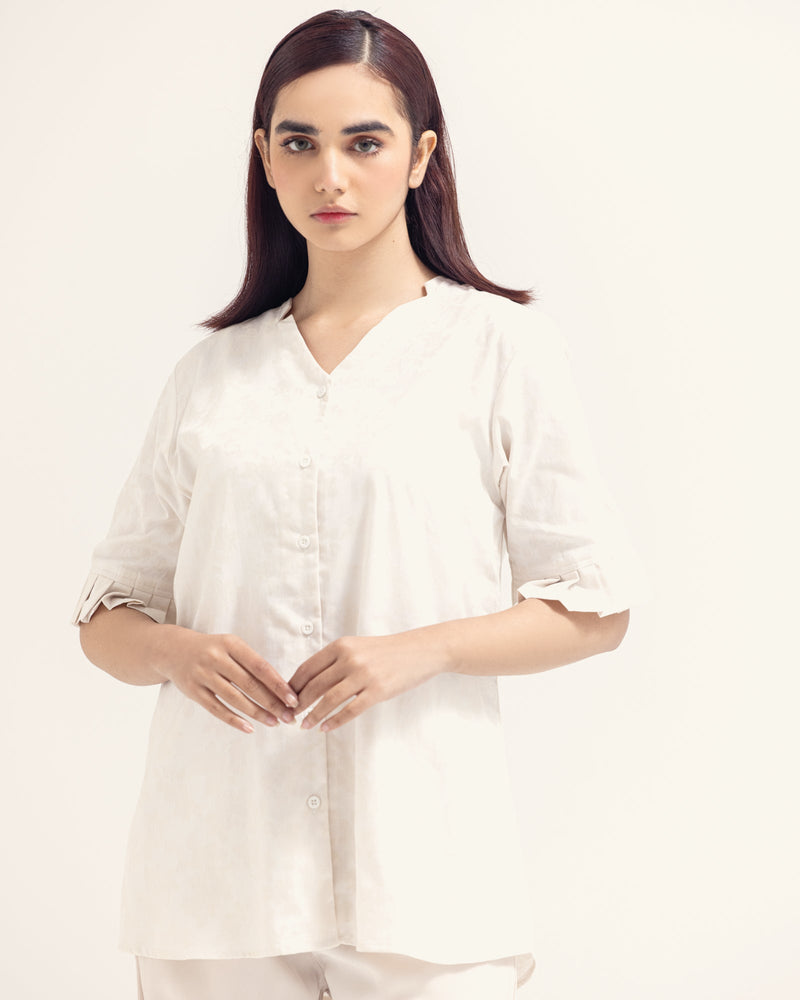 Women Cream Color Chain Yarn Jersey Mid Length Woven Top - Engine - Buy Now