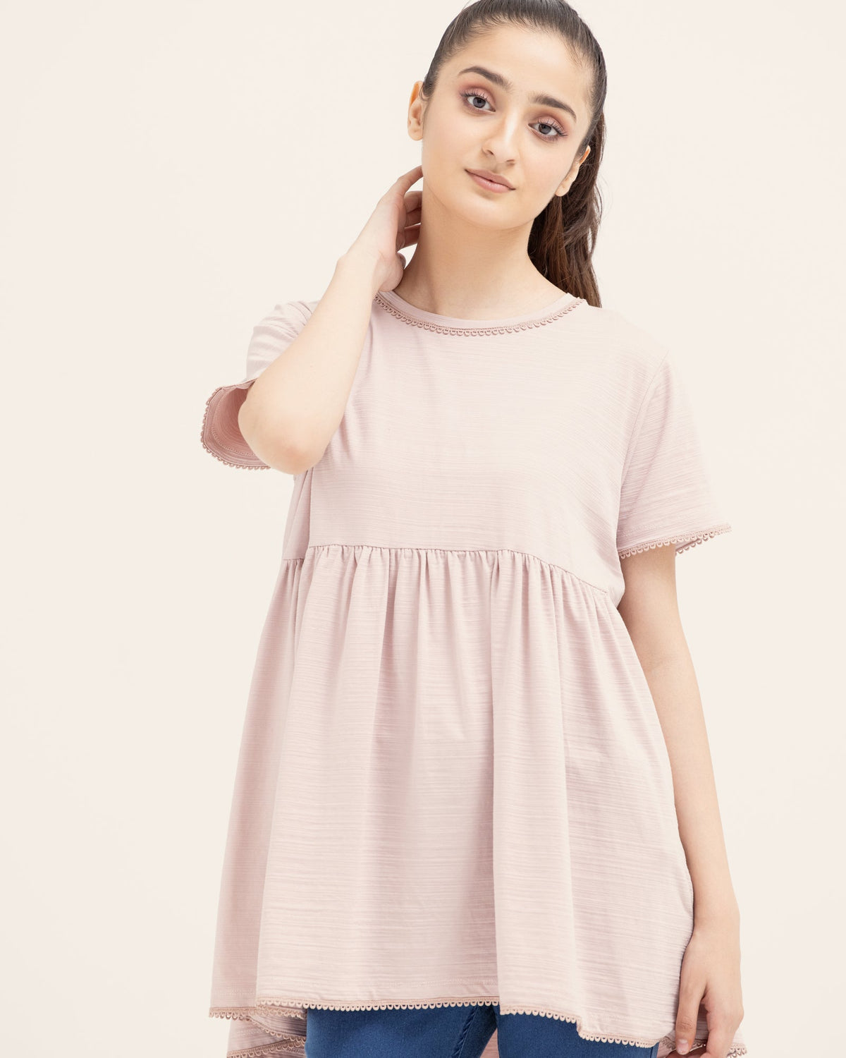 Women Tea Pink Color Lycra Jersey Fashion Knit Top Tee - Engine - Buy Now