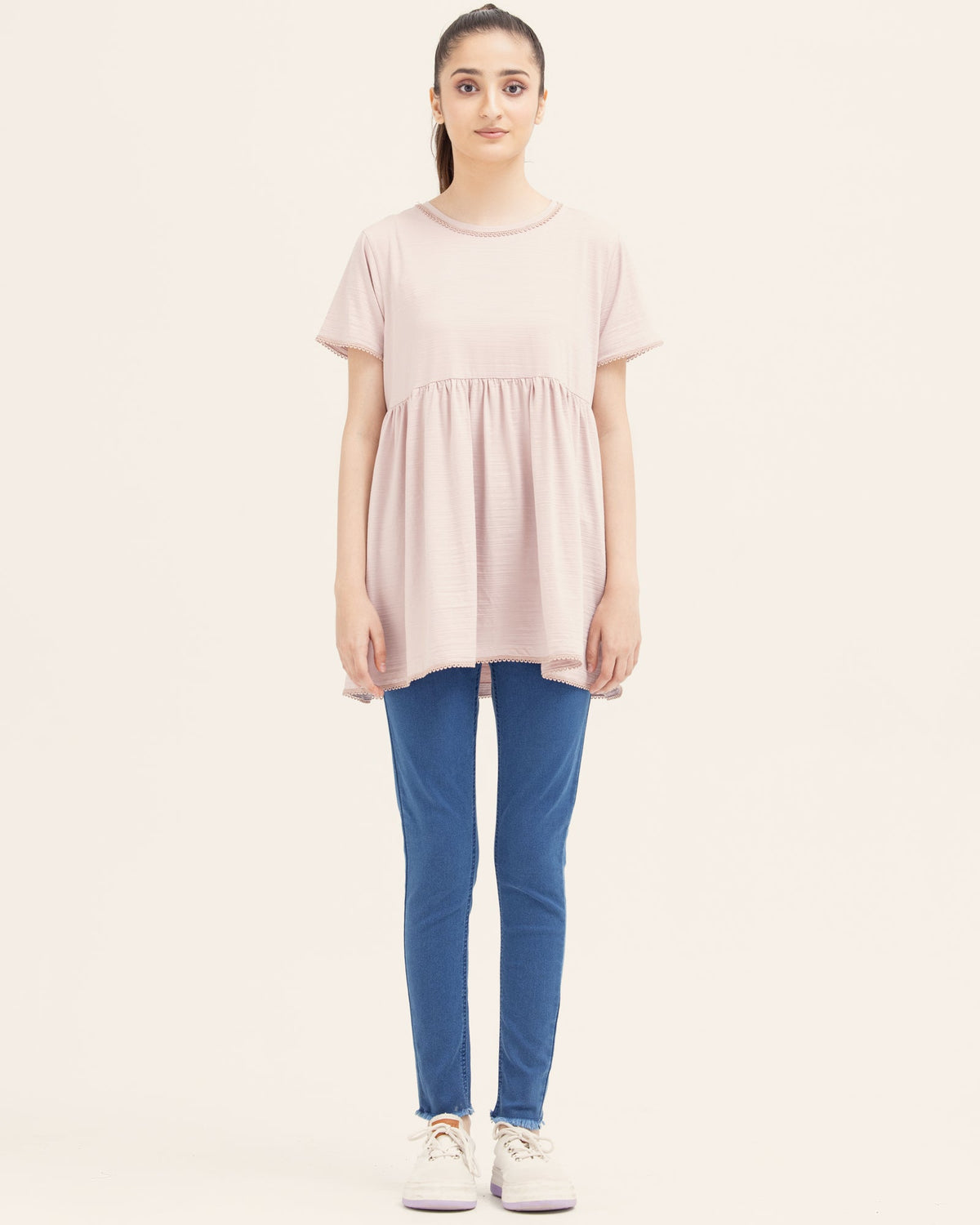 Women Tea Pink Color Lycra Jersey Fashion Knit Top Tee - Engine - Buy Now