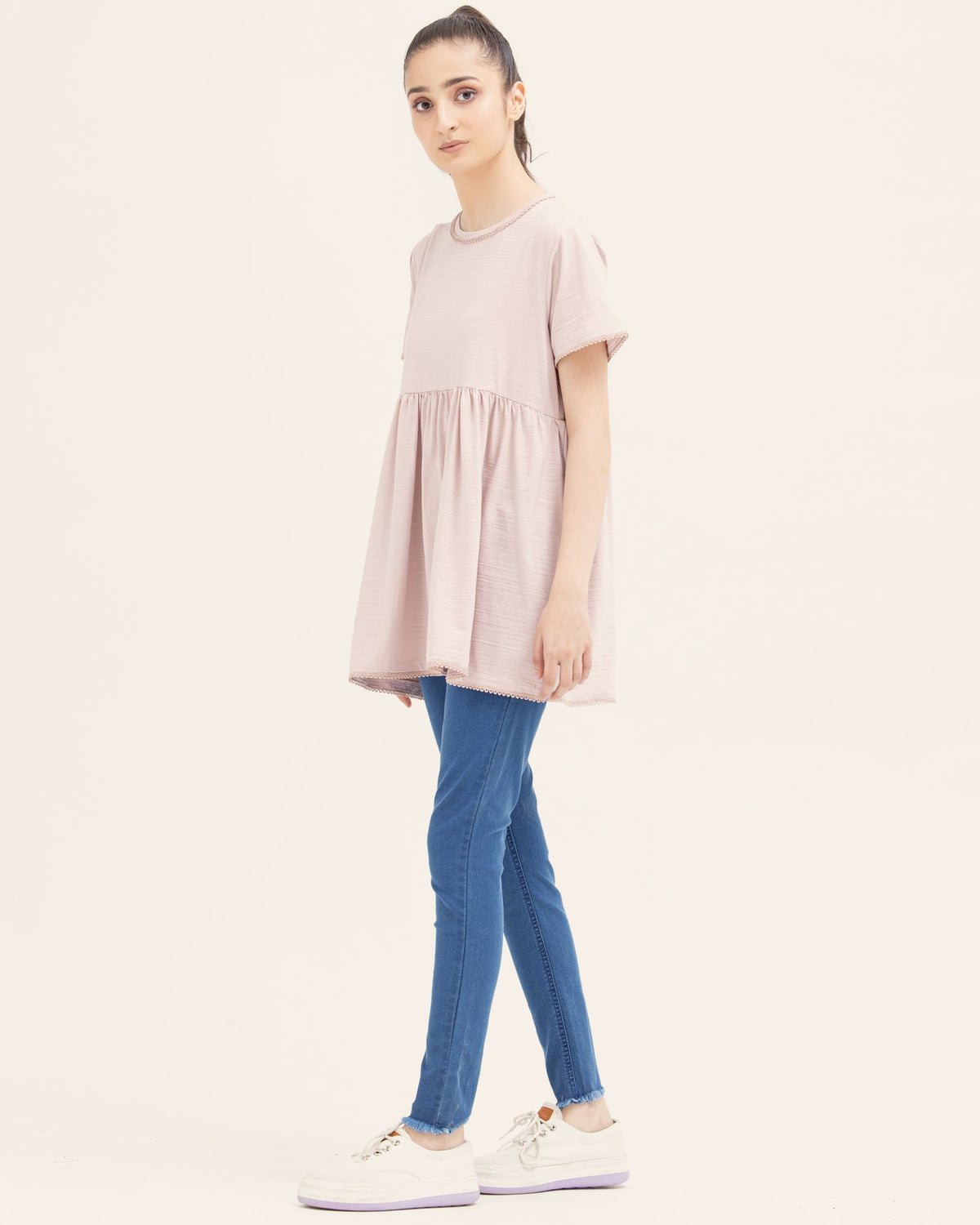 Women Tea Pink Color Lycra Jersey Fashion Knit Top Tee - Engine - Buy Now