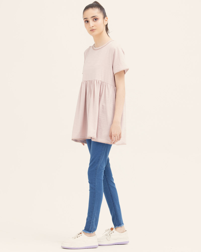 Women Tea Pink Color Lycra Jersey Fashion Knit Top Tee - Engine - Buy Now