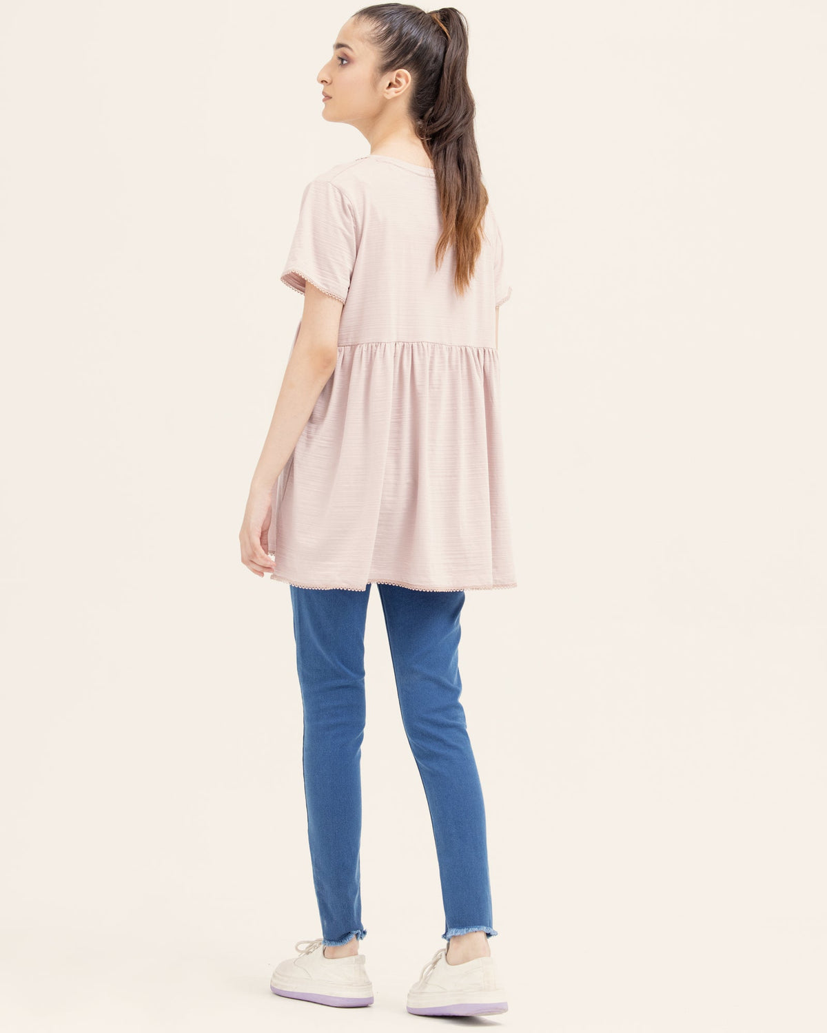 Women Tea Pink Color Lycra Jersey Fashion Knit Top Tee - Engine - Buy Now