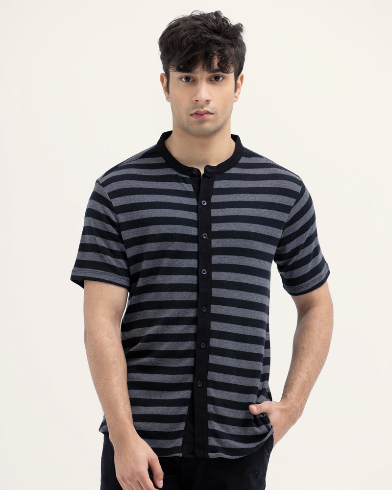 Men Grey Color Yarn Dyed Jersey Striper Short Sleeve Button Down - Engine - Buy Now