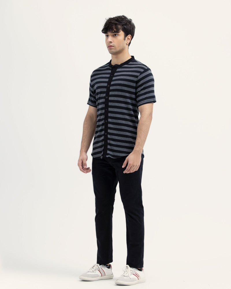 Men Grey Color Yarn Dyed Jersey Striper Short Sleeve Button Down - Engine - Buy Now