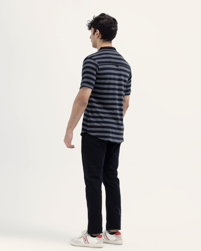 Men Grey Color Yarn Dyed Jersey Striper Short Sleeve Button Down - Engine - Buy Now