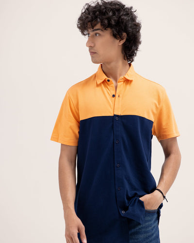Men Color Block Button Down