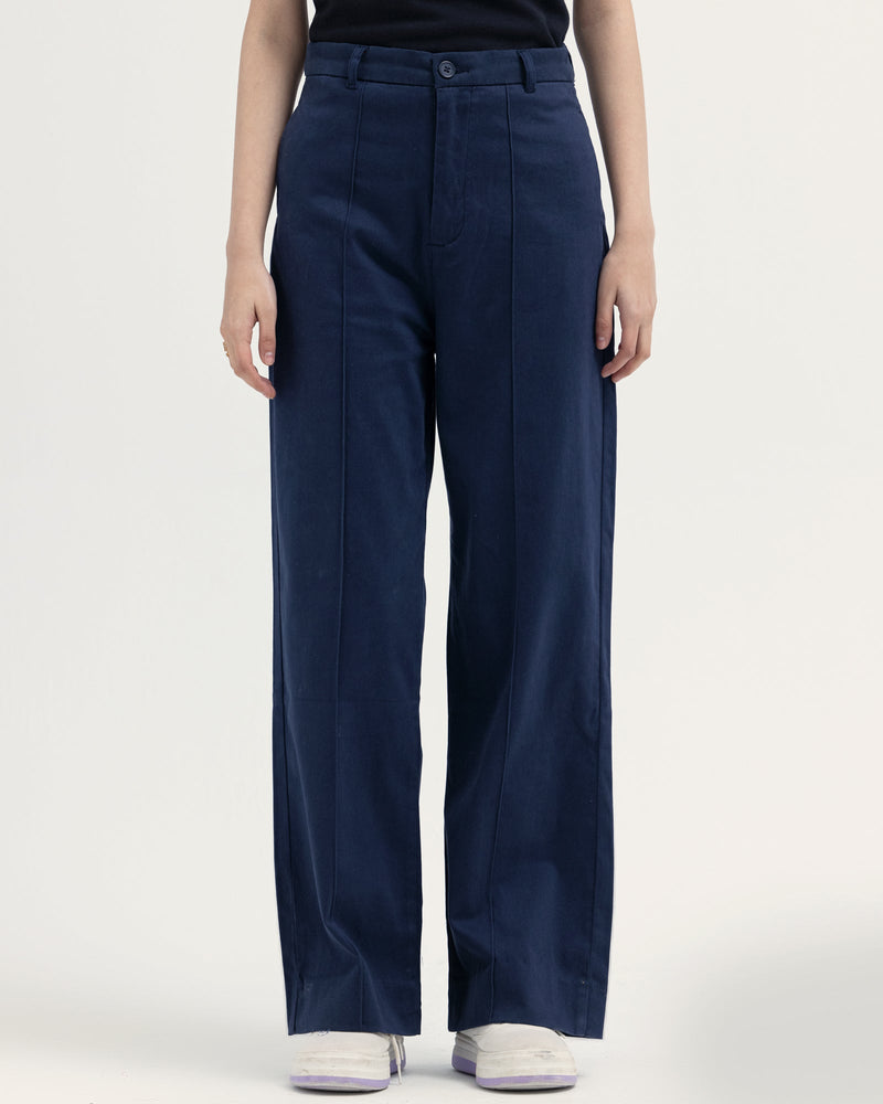 Women Navy Color Twill Flared Full Length Pant - Engine - Buy Now