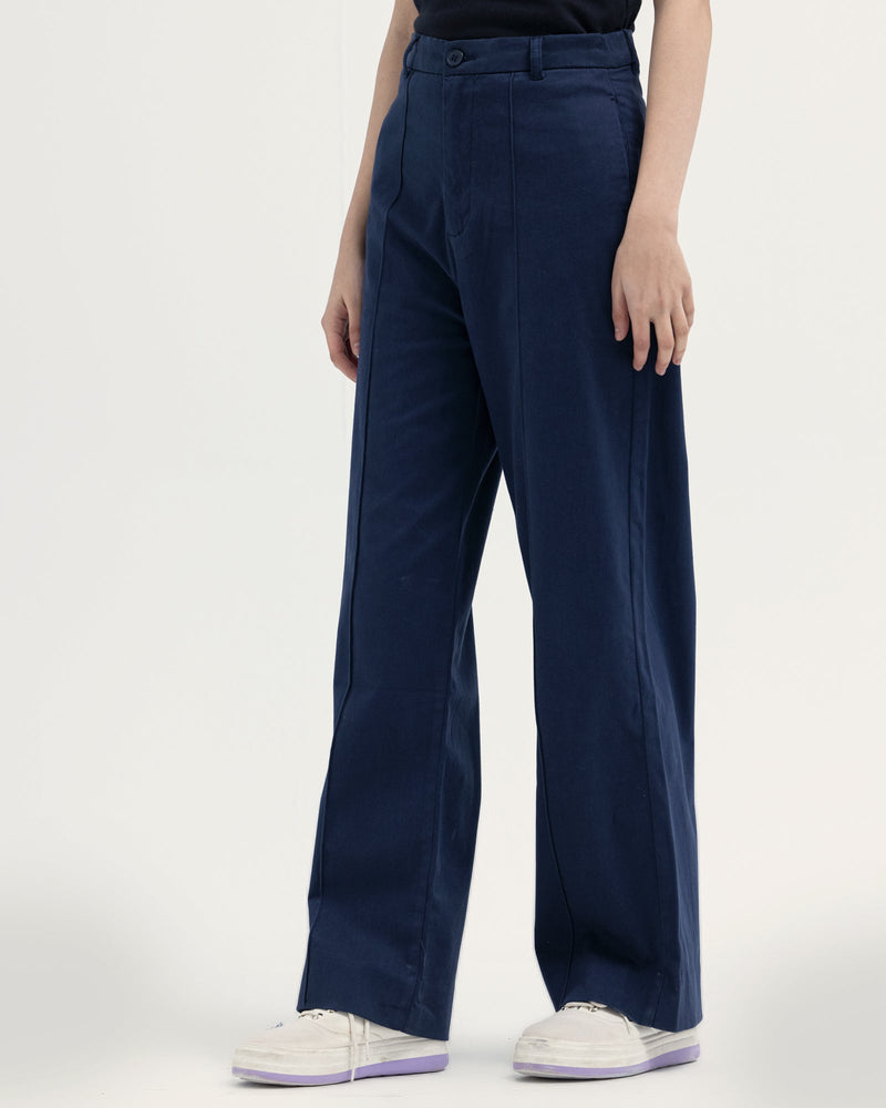 Women Navy Color Twill Flared Full Length Pant - Engine - Buy Now