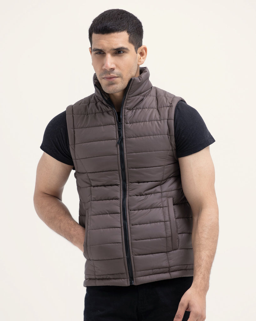 Men Dark Brown Color Bubble Gilets Jacket